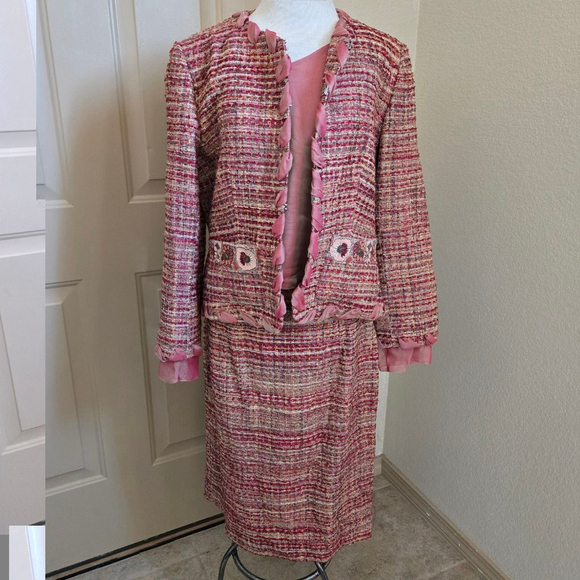 Paule Vasseur Pink Tweed 3-Piece Suit Size 44 US 12 Red Pink - Picture 1 of 9